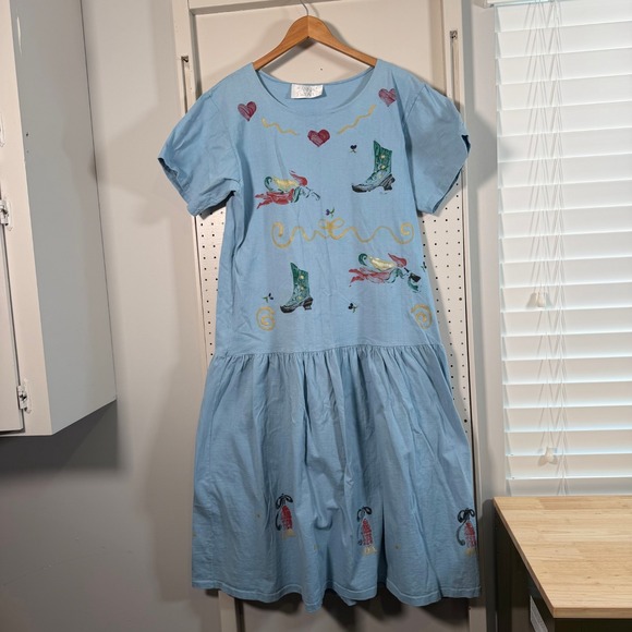 Anna Dresses & Skirts - Vintage Anna Wear Drop-Waist Midi Dress Women's Blue Short Sleeve Western Medium